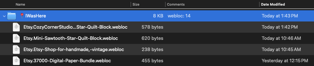 The expanded 📍IWasHere folder in Finder showing saved Etsy .webloc files, including a shop name, file sizes, and dates.